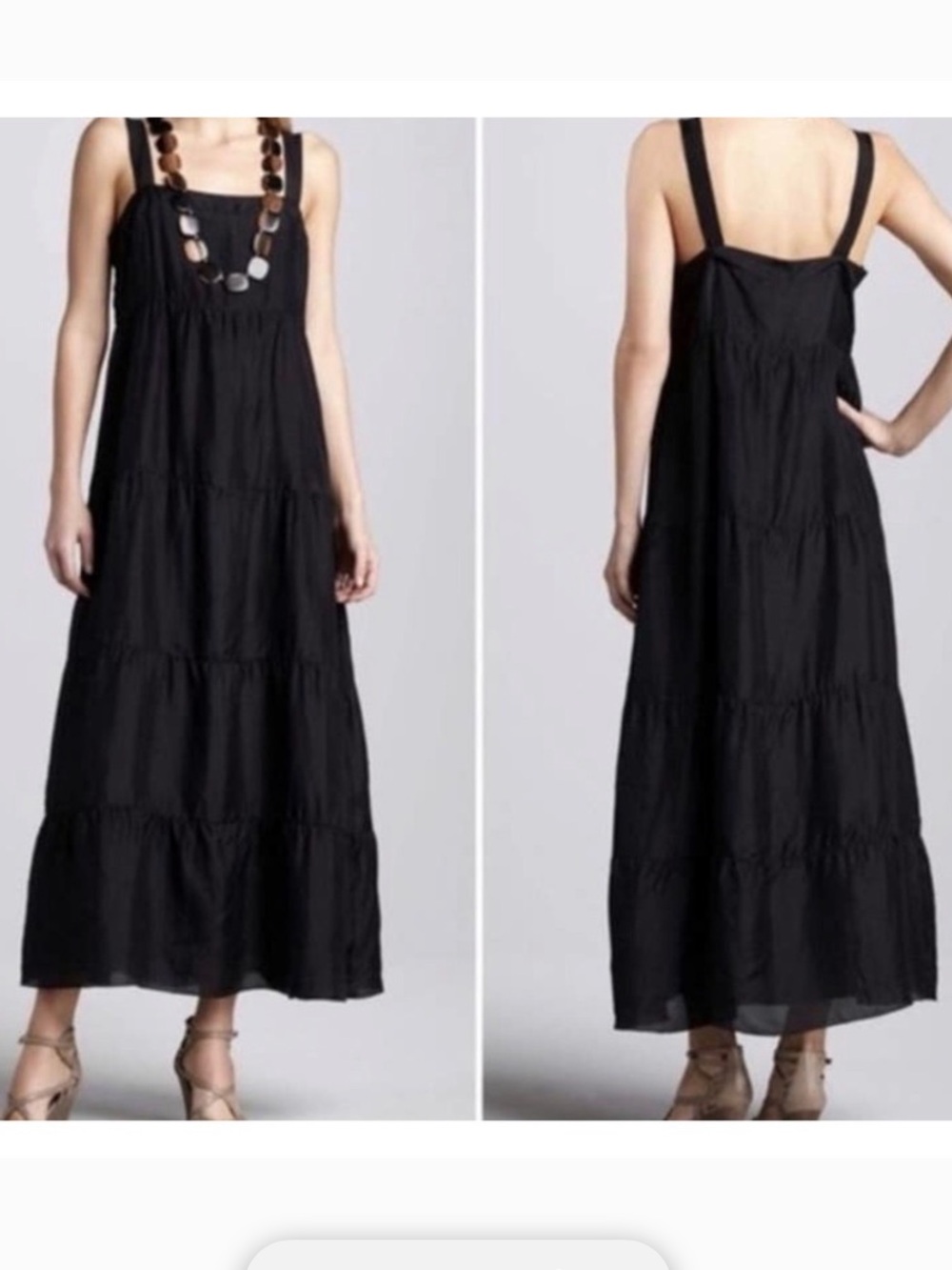 Eileen Fisher Black Tiered Silk Maxi Sundress with Square Neck